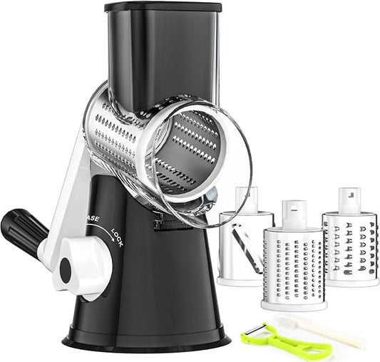 Ourokhome Rotary Cheese Grater Hand Crank, Kitchen Shredder Speed Mandolin Slicer Nuts Grinder with Handle and Drum Blades for Cheese, Vegetable, Walnut, Chocolate, Potato, Carrot, 3 Blades, Black