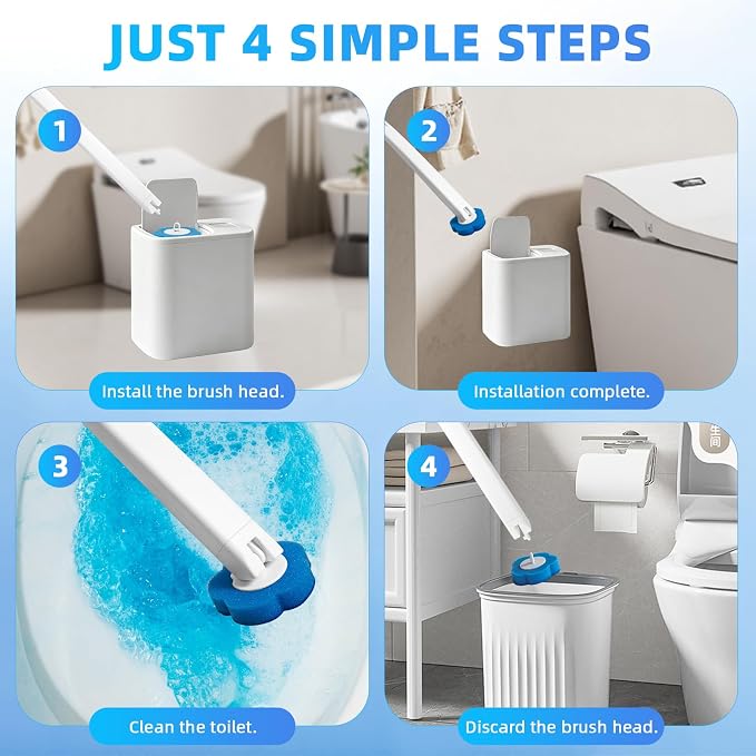 Disposable Toilet Brush Set with 48 Refills, Wall-Mount Holder, Space-Saver | Auto-Open/Close Lid Base provides a complete touch-free experience for cleaning the toilet while keeping your interior tidy