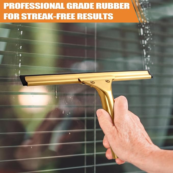 All-Purpose Brass Shower Squeegee 14 Inch T Shape Squeegee for Shower Glass for Bathroom Doors Mirrors Tiles Car Windows Streak Free Compatible with Extension Rods