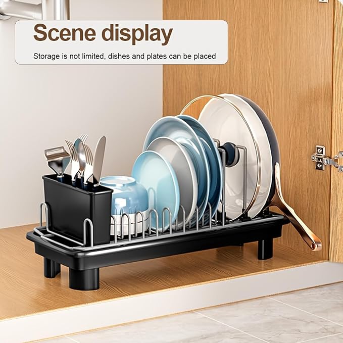 Compact Dish Drying Rack for Countertop, Small-Sized for Dorms, RVs & Tiny Kitchens, Auto-Drain, Adjustable Slots, Rust-Resistant with Utensil Caddy & Sponge Holder (White)