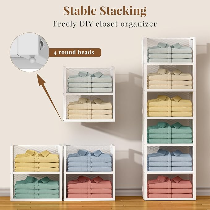 DAOUTIME 4-Tier Stackable Closet Organizers and Storage Basket, Wire Closet Shelf Organizer, Sweater Storage Oragnizer Bins, Multifunctional Clothes Storage Drawer Organizer for Wardrobe, White
