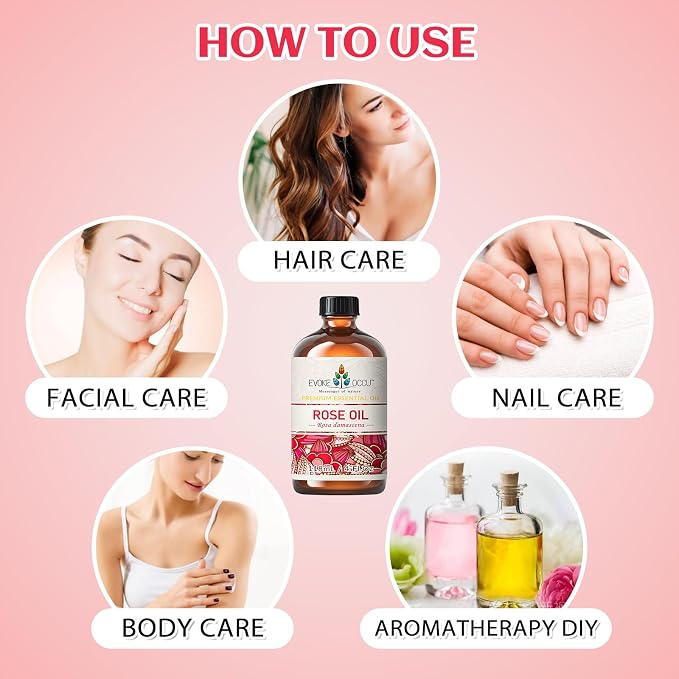 EVOKE OCCU Rose Essential Oil for Skin, Body Care & Perfume for Women | Enhances Relaxation in Bedroom, Spa, Yoga Studio, Suitable for All Seasons and Daily Applications - 118ml / 4 fl oz