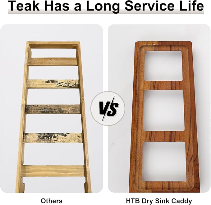 HTB Teak Instant Sink Caddy Organizer, Absorbing Stone Bathroom Tray Grey | Teak, Keep Dry, Caddy Organizer, Water Absorbing Stone, Non-Slip, Bathroom, Quick Drying, Grey