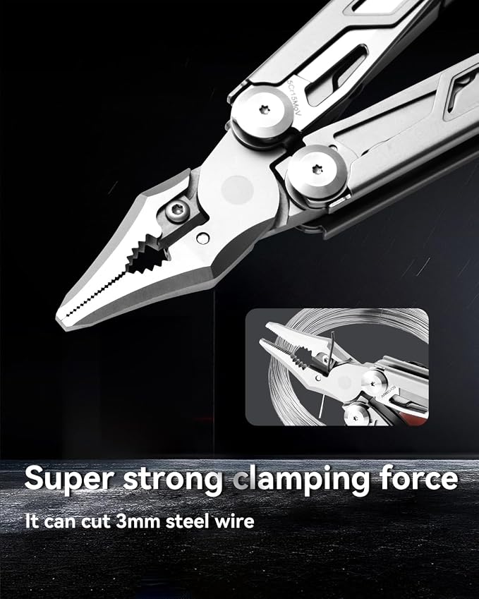 Strong 15-in-1 Multitool Pliers with Sheath, Stainless Steel, Grey | Folding Multi Tool, Needle Nose Pliers & Wire Cutters, Knife, Saw, Screwdrivers, Bottle Opener, EDC Pocket Knife