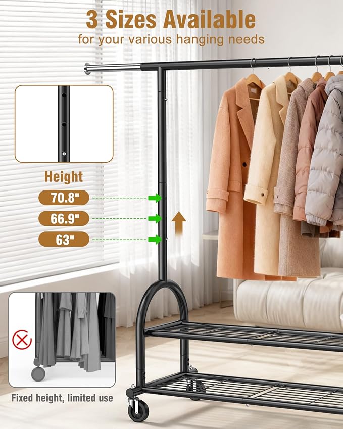 EAGMAK Heavy Duty Clothes Rack for Hanging Clothes Load 556 LBS, Height Adjustable Rolling Clothing Racks, Portable Metal Coat Rack Garment Wardrobe with Wheels and Shelves for Bedroom Laundry, Black