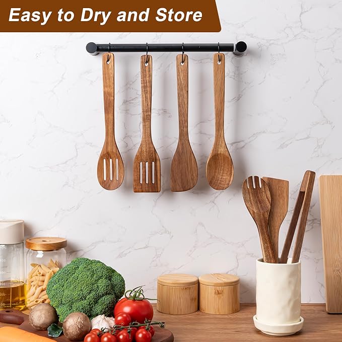 Eisinly Wooden Spoons for Cooking 7-Piece, Kitchen Nonstick Wood Cooking Utensils Set, Durability Wooden Spatula Spoon for Everyday Use, Brown