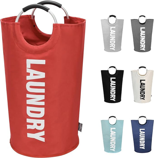 DOKEHOM 90L Large Laundry Basket Bag, Collapsible Tall Hamper, Red | Freestanding tall washing bin & foldable laundry bag. High-capacity clothes storage basket with durable sturdy handles