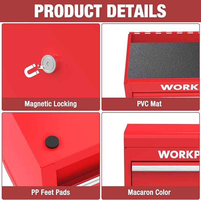WORKPRO Mini Metal Tool Box with 2 Drawers and Top Storage | Cold Rolled Steel, Small Tool Chest, PVC Liners, PP Feet Pads, Drawer Liners & Magnetic Tabs