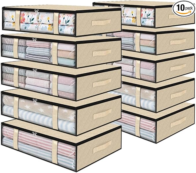 StorageRight Under Bed Storage Bags, 10 Pack, 40L, Beige | Breathable Non-Woven Fabric with a Clear Window and Zippered Top for Clothes, Comforters, Blankets and Seasonal Storage