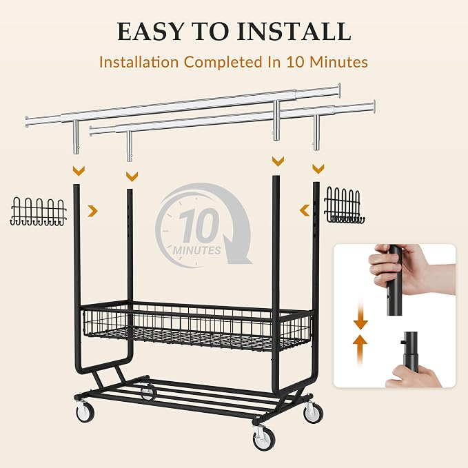 Gewudraw Clothes Rack Heavy Duty Load 1060 LBS With Wheels,Commercial,Black | Double Rod Rolling Clothing Rack,Extendable,Basket, Shelf, Hooks,Garment Rack for Bedroom, Laundry Room & Retail Store