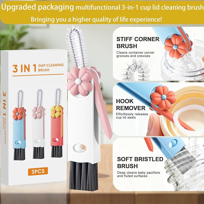 3 in 1 Cup Lid Cleaning Brush, Cup Lid Brush, Upgraded 3PCS Multifunctional Water Bottle Cleaning Brush, Home Kitchen Crevice Brush Tools for Tiny Cup Lid Detail, Bottle Tight Spaces Cup