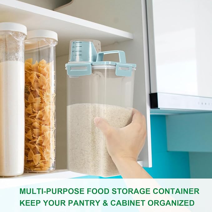TBMax Rice Container Cereal Storage Container 2 Pack 5 Lbs, Plastic Kitchen Pantry Food Storage Container with Cup, Small Pet Dog Cat Food Dispenser -Blue