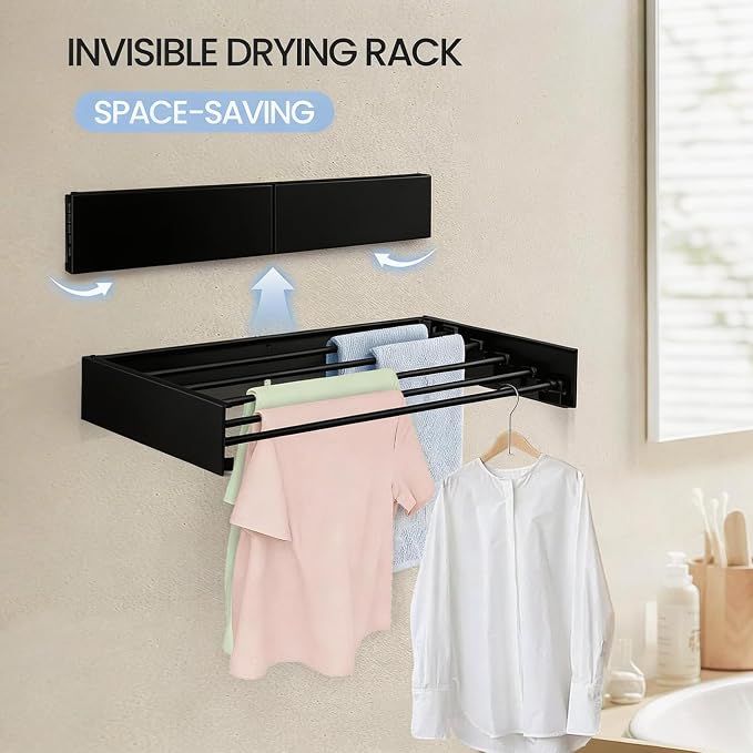 Wall Mounted Laundry Drying Rack, Carbon Steel Foldable & Retractable Clothes Drying Rack, Space Saving Adjustable Towel Holder for Bathroom, Laundry, Small Spaces (1, Black, 50cm)