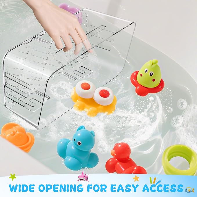 Bath Toy Storage 4 Packs, Large Bath Toy Holder - 3 Compartments, Quick-Dry | BPA-Free Bathtub Toy Organizer, Wall-Mounted Adhesive Shower Caddy, Bathroom Toy Basket & Bin for Baby, Toddler, Kids, Clear