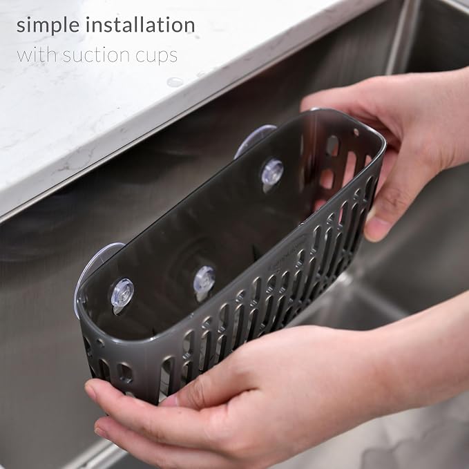 simpletome Sink Caddy Basket, Sinkware Organizer, 3X Strong Suction Cups Or Countertop (Translucent Grey) | include 3 suction cups and 1 adhesive backing | make kitchen sink tidy | kitchen essentials | can be placed upright counter
