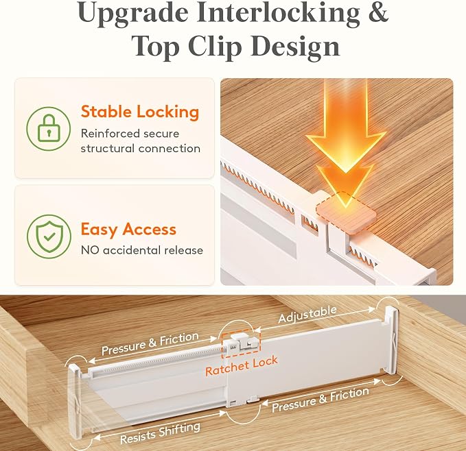Lifewit Drawer Dividers for Clothes, 3.2" High 10.5"-16.5" Expandable Dresser Drawer Organizers, Adjustable White Plastic Separators for Kitchen, Cabinet, Nursery, Socks & Underwear Storage, 6 Pack