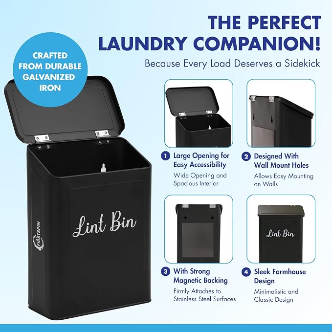 Magnetic Lint Bin for Laundry Room – Metal Lint Holder with Lid – Wall Mount & Magnetic Laundry Lint Bin Trash Can – Modern Farmhouse Style for Laundry Room Organization and Storage