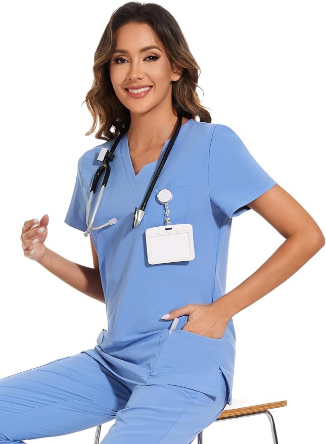 Scrubs Tops for Woman - Soft Stretch, V-Neck Tops | 3 Pockets, Side Split Design, Short Sleeve, Breathable & Lightweight Nursing Shirt, Easy-Care Fabric for All-Day Comfort