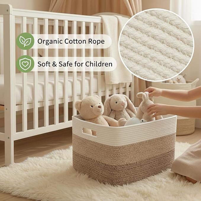 JMvicyroam 96L Large Woven Cotton Rope Blanket Basket, White&Brown | Blanket storage for living room or bedroom use, Freestanding with reinforced handles, Entire basket is machine washable