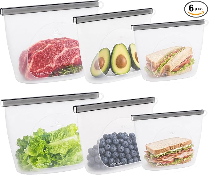 Silicone Reusable Food Storage Bags 6 Pack,Reusable Freezer Bags,Stand Up Wide-Mouth Zipper Container,Food Storage Bag Easy-Clean Sandwich,Microwave & Dishwasher,Eco Friendly(17oz,35oz,70oz)
