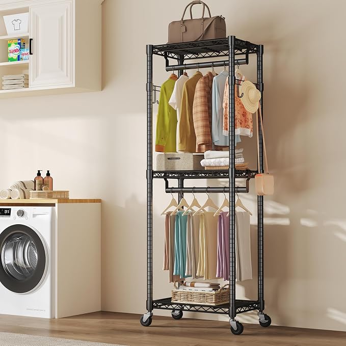 NEWBULIG Heavy Duty Clothing Rack with Wheels, 3-Tier Adjustable Wire Garment Rack, Metal Freestanding Closet Organizer System with Double Hanging Rods & 8 Side Hooks, 23" x 15" x 75", Black