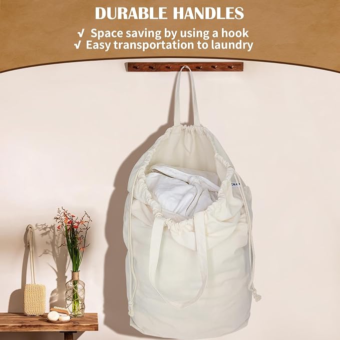 Canvas Laundry Bags with Handles & Square Base 13.8"Wx13.8"Dx27.6"H, 2 Pack | Large Heavy Duty Laundry Hamper Bag, Washable Drawstring Dirty Clothes Sack for College Dorm, Home Storage, Beige