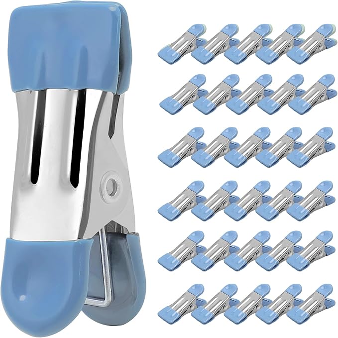 Clothes Pins Heavy Duty, 30 Pack, 2.17 Inch Metal Chip Clips, Blue | Clothespins for Photo Drying Clothesline Laundry Sock, Bag Clips for Food Kitchen Stainless Steel with Rubber