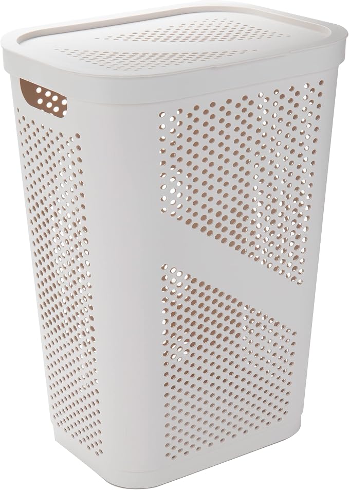 Mind Reader Slim Laundry Hamper with Lid, 60L Clothes Basket, Ventilated Plastic, Ivory