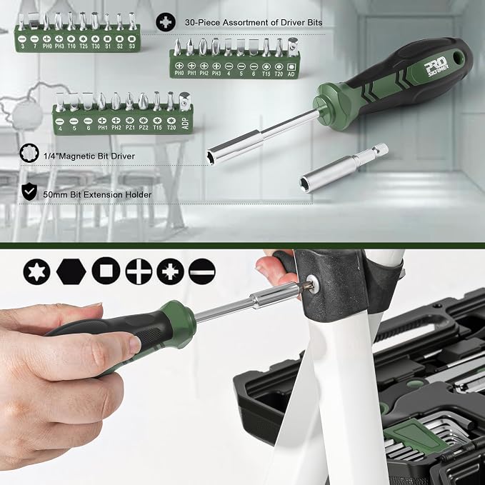 Prostormer 160-Piece Tool Set, Basic Home Repair Kit, Green | Toolbox Storage Case Included, All-Purpose Tools for House, Garage, College Dorm and Office