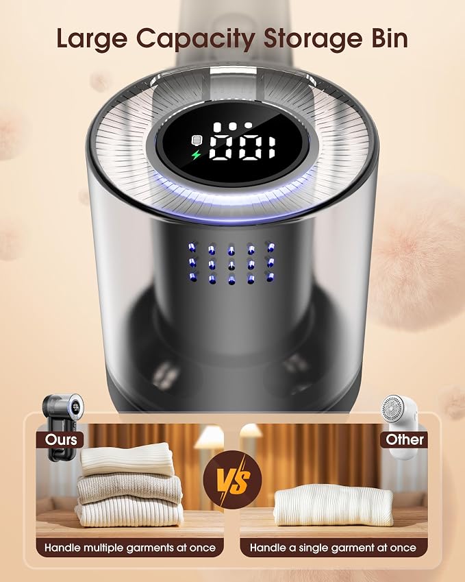 Fabric Shaver Electric Lint Remover Rechargeable Lint Shaver Digital Display Fabric Sweater Shaver 3 Speeds 6 Leaf Blades for Clothing to Remove Pilling for Clothes, Furniture, Sweater, Couch, Blanket
