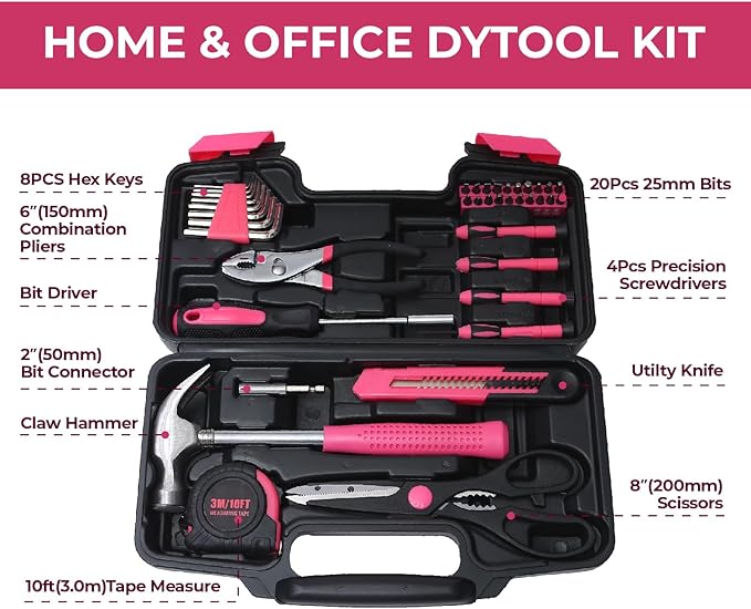 39 Piece Basic Tool kit for Women, All Purpose Pink Tool ser Household Hand Tools with Toolbox for Home Repairs, College Dorm Essentials, DIY Crafts & Gifts