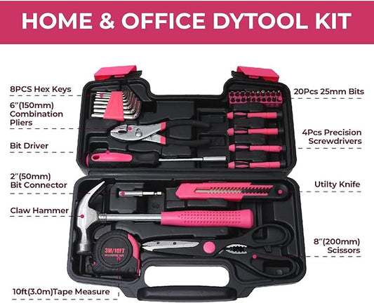 39 Piece Basic Tool kit for Women, All Purpose Pink Tool ser Household Hand Tools with Toolbox for Home Repairs, College Dorm Essentials, DIY Crafts & Gifts