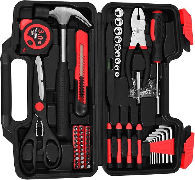 144-Piece Red Home Tool Set, Household Hand Kit with Plastic Toolbox | Basic repair tools for women & college students, all-purpose dorm set for home, apartment, office & daily household DIY use