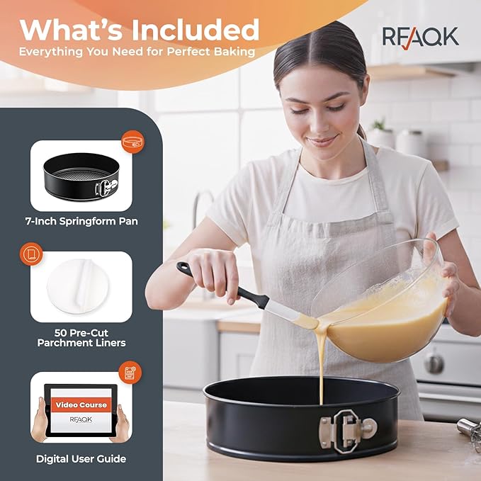 RFAQK 7 Inch Non-Stick Springform Pan for Cheesecake - Leakproof Cake Pan with 30 Pcs Parchment Paper - Baking Accessories for Instant Pot 6, 8 Qt Pressure Cooker