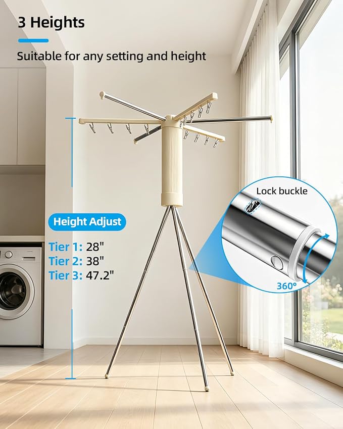 Foldable Tripod Clothes Drying Rack for Travel, Camping with 3 Tent Pegs | Portable Drying Rack Clothing Laundry Drying Rack for Balcony, Hotel, Apartment. Steel Frame with 12 Clips, Windproof