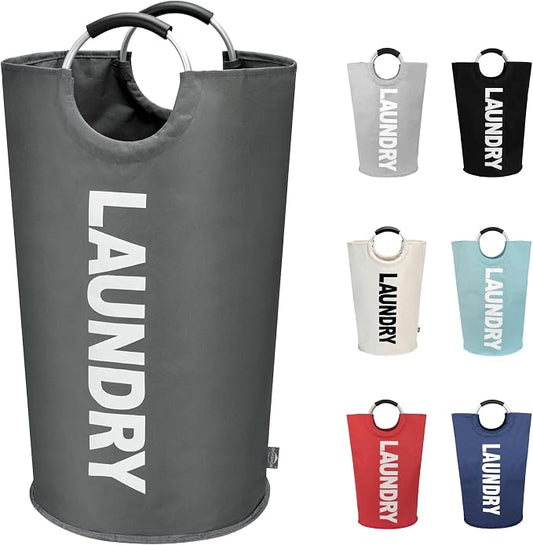 DOKEHOM 90L Large Laundry Basket Bag, Collapsible Tall Hamper, Dark Grey | Freestanding tall washing bin & foldable laundry bag. High-capacity clothes storage basket with durable sturdy handles