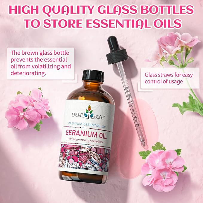 EVOKE OCCU Geranium Essential Oil for Skin & Aromatherapy | Relaxing Scent for Hair Scalp Care, Diffuser, Massage, DIY Soap Candle & Home Cleaning - 118ml / 4 fl oz