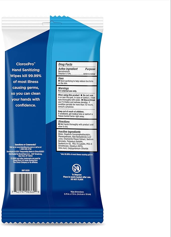 Clorox Pro Alcohol Free Hand Sanitizer Wipes with BZK, Gentle Bleach-Free Sanitizing Wipes for Hands - 0.13% BZK Formula, FDA Registered, Resealable Travel Pouch, 20 Count