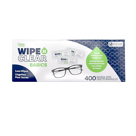 Flents Lens Wipes, Wipe 'N Clear Basic, 400 Count, Pre-Moistened, Streak-Free, Safe for Glasses, Sunglasses, Gentle Cleaning, Clear Vision, Streak-Free, Individually Wrapped for Travel & Convenience | Streak-Free, Safe for Glasses, Sunglasses, Gentle C...