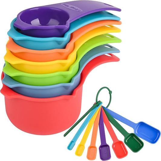 Measuring Cups and Spoons Set, Plastic Measuring Cup Set 15, Mixing Color Dry Measure Cups Spoons, 7 Measuring Cups & 7 Spoons, Kitchen Measure Cup Spoons for Cooking & Baking