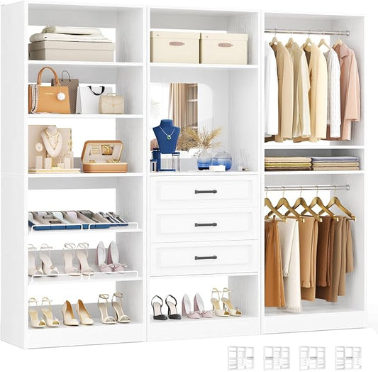 Unikito Modular Closet System with 3 Sets, 75”Closet Organizer System with Drawers, Mirror, Hanging Rods and Adjustable Shelves, Freestanding Wood Wardrobe Garment Rack, Walk in Closet Tower, White