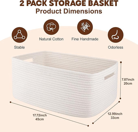 OIAHOMY Storage Basket for Shelves, Closet Cube Storage Bins Baskets for Clothes Blanket Towels, Baby Nursery, Toy Baskets Box, Woven Rope Basket, 17.72 * 12.99 * 7.87 IN, 2 Packs White