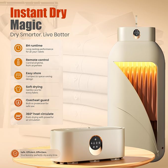 Portable Clothes Dryer for Upto 12 Clothes with Remote Control Compact Form | Compact Dryer for Clothes Apartment, RV, Travel Built-in LED UV, Adjustable 8-Hour Timer with Fast-Drying Stress-Free Setup