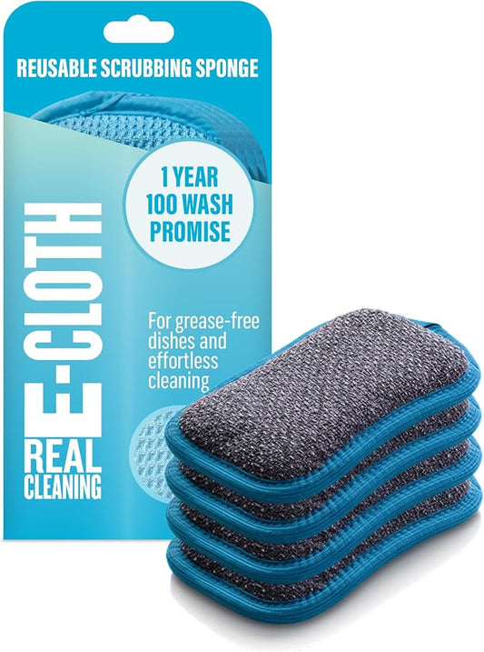 E-Cloth Washing Up Scrub Pad - Microfiber Sponge for Cleaning, Reusable Kitchen Sponge for Dishes & Sink, Non Scratch, Multi Purpose Scrubber, Machine Washable - 4 Pack