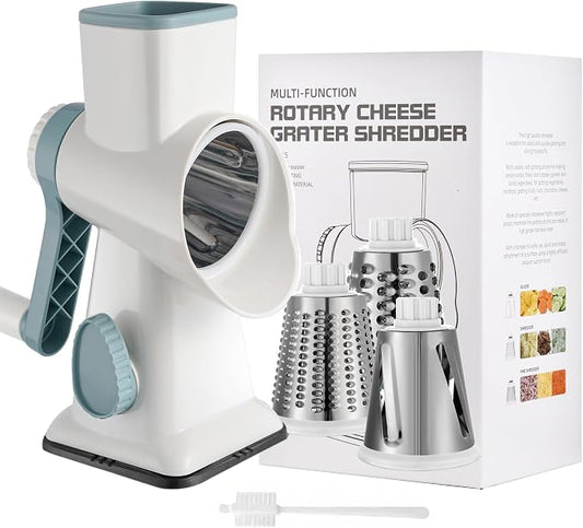Cheese Grater Hand Crank Rotary Vegetables Shredder with Handle | 3-in-1 Graters, Interchangeable Blades, Non-slip Base, Multifunctional Slicer