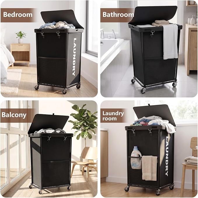 Laundry Hamper with Wheels and Lid, 150L Large Rolling Laundry Basket Black | Heavy Duty Clothes Organizer, Sturdy Metal Frame, Lockable Swivel Casters, Removable Bag, For Bedroom, Bathroom, Laundry Room