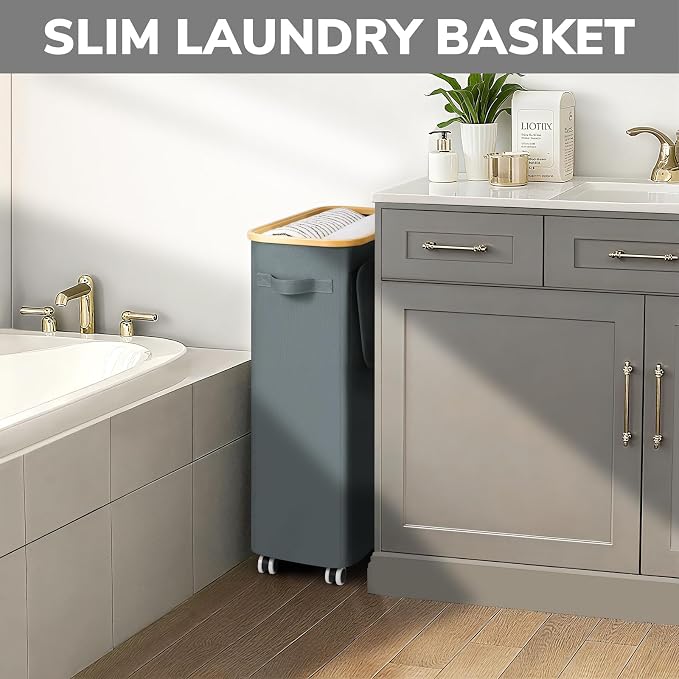 Goodpick 75L Slim Rolling Laundry Hamper with Wheels, Gray | 17 × 9.8 × 29.5 in, Lid Design, Collapsible, Removable Laundry Bag, Dorm & Bathroom Organization, Clothes & Bedding Storage