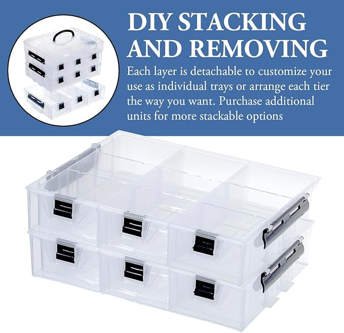 MyGift Single Add-on Tray for 11 Inch Clear Arts and Crafts Stackable Storage Box, Sewing Supplies Storage Organizer Case Accessory Optional Tray with Black Accents, 3 Drawers and Removable Dividers