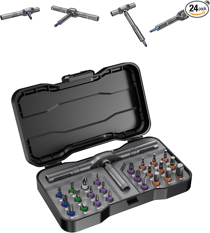 24 in 1 Magnetic Ratchet Screwdriver Set – Multi Bit Precision Repair Tool Kit with Detachable Handle, S2 Steel Bits, Portable Storage Case for Furniture, Computer, Bicycle, Electronics