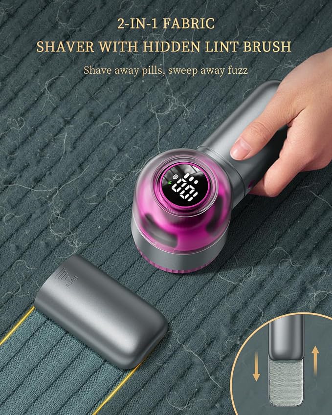 Fabric Shaver with Lint Brush, Large Lint Shaver with Digital Display | 3-Speeds Lint Remover with 6-Leaf Blades, 1200mAh Electric Sweater Shaver to Remove Pilling for Clothes, Furniture